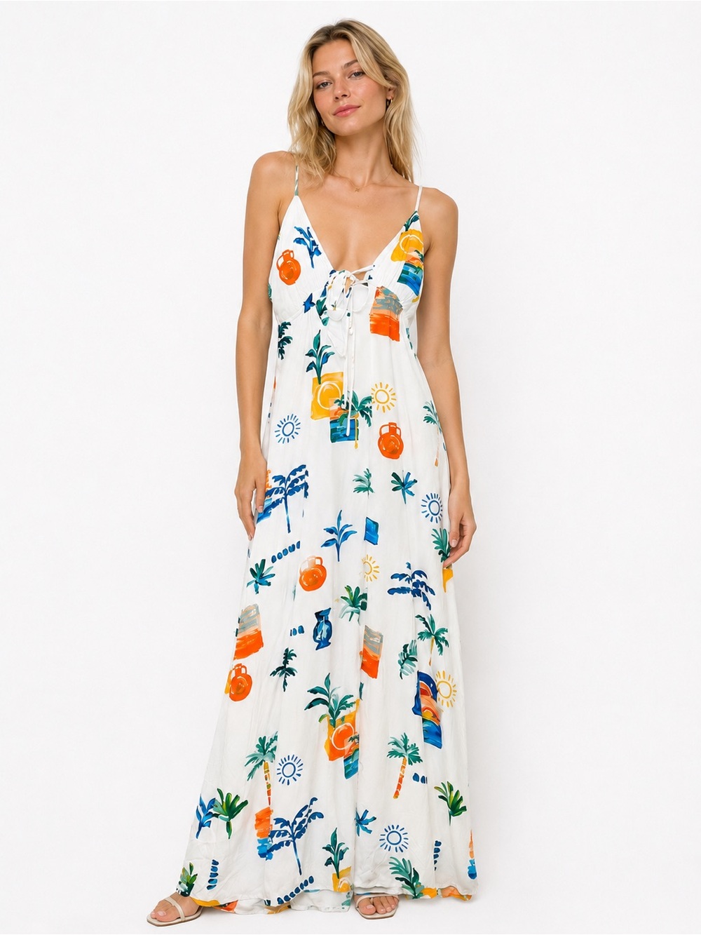 Paper Heart Coastal Palms Print Maxi Dress Size XS Summer Beachwear Tropical